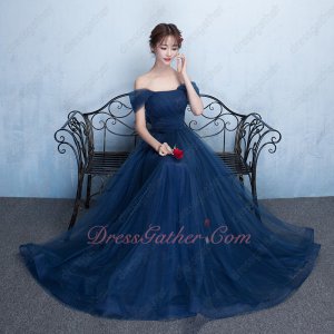 Off Shoulder Navy Formfitting Bridesmaid Long Dress With Back Bowknot