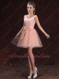 Fashionable Colour Blush One Shoulder Short Homecoming Lace Dress With Bowknot