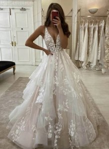 Graceful Deep V Shaped Cascade Ruffles Designer Wedding Bridal Gown With Applique