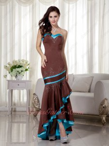 Sedate Beaded High-low Brown Mermaid Military Prom Dress With Aqua Blue Details