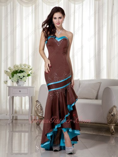 Sedate Beaded High-low Brown Mermaid Military Prom Dress With Aqua Blue Details