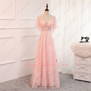 Butterfly/Batwing Sleeve Sheer Bodice Full Lace Floor Length Blush Pink Prom Dress 2023