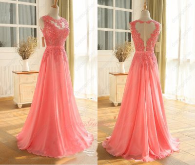 Nude Tulle Sheer Bodice Coral Watermelon Chiffon Skirt Pageant Evening Gowns Sexy Lady