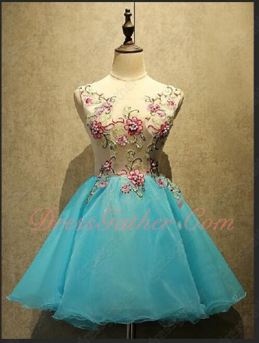 Wintersweet Appliques Decorate Diaphanous Upper Body Aqua Blue Mini Homecoming Dress