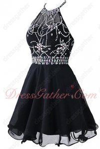 Halter Beading Knee Length Skirt Black Chiffon Costume Party Dress Low Price