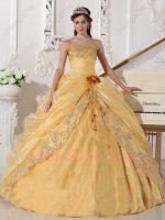 Golden Yellow Shiny Organza Opera Quinceanera Ball Gown Open/Slit With Lacework