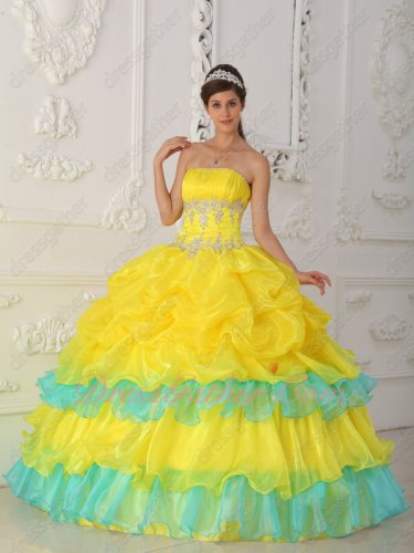 Bright Canary Yellow Cake Layers With Aqua Quinceanera Ball Gown Princess