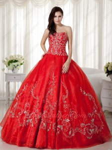Scarlet Organza Skirt Silver Handwork Embroidery Princess Ball Gown Quinceanera