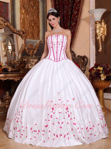 Strapless Basque Waist White High School Quinceanera Dress With Fuchsia Embroidery