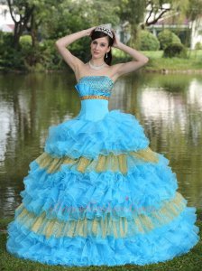Dropped Waist Aqua Blue Ruffles/Gold Sparkling Tulle Layer Quince Ball Gown
