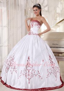 Flat Western Village Quince Prom Ball Gown Pure White Satin With Wine Red Embroidery