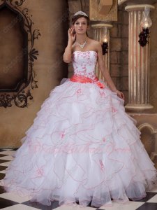 White Organza Quinceanera Gown With Watermelon Embroidery/Curly Ruffles Edge/Ribbon