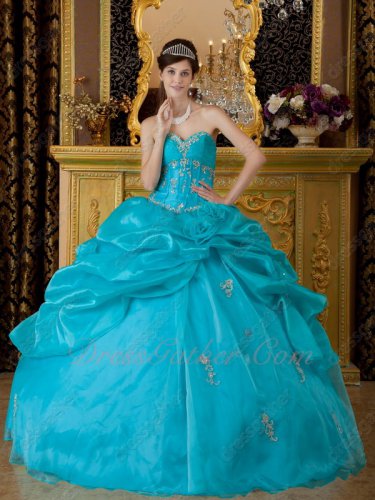 Princess Seam Strips Bodice Teal Blue Green Quinceanera Gown Asymmetrical Bubble
