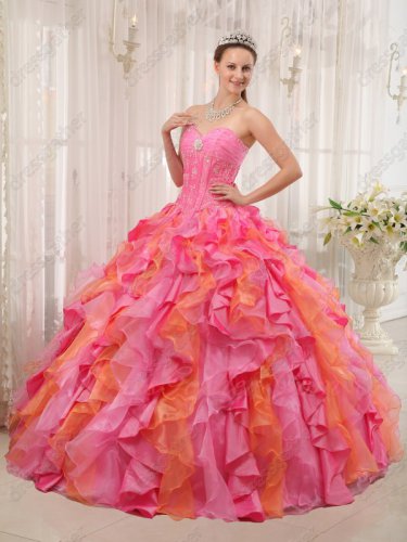 One Hot Pink One Orange Mingled Cascade Ruffles Quince Ball Gown Runway Pageant