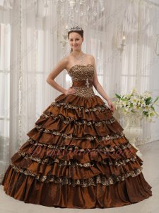 Natural Waist Leopard/Brown Taffeta Interphase Layers Adult Ceremony Ball Gown