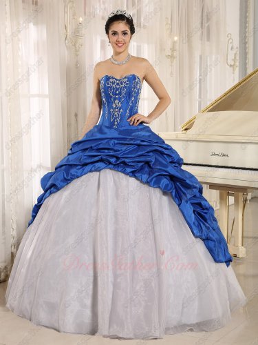 Flat Silver Organza With Royal Blue Taffeta Open Bubble Overlay Quinceanera Dress