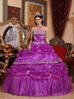 Strapless Bright Purple Organza Fluffy Cake Military Evening Ceremony Ball Gown