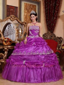 Strapless Bright Purple Organza Fluffy Cake Military Evening Ceremony Ball Gown