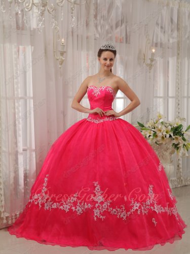 Fit and Flare Deep Coral Red Crossed Layers Back Quinceanera Dress Off-White Applique
