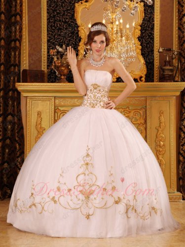 Fitted Ancient Palace Puffy Layers Mesh White Military Ball Dress With Gold Embroidery