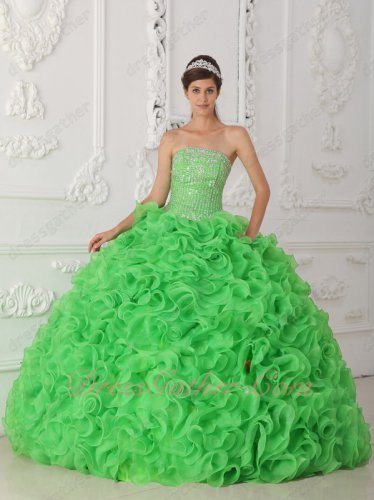 Spring Green Curly Thick-Organza Ruffles Puffy Quince Ball Gown Silver Details
