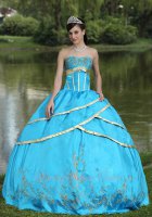 Crossed Aqua Blue Satin Layers With Gold Overlapping/Bordure Quinceanera Ball Gown