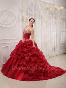 Vogue Wine Red Bubble Train Overlay Quinceanera Court Gown With Spaghetti Straps