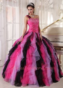 Single Shoulder Contrast 3 Colors Ruffles Hot Pink/Lilac/Black Quinceanera Ball Gown