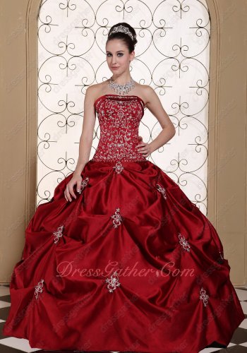 Embroidery Wine Red Old Style Western Thick Satin Quinceanera Ball Gown Sale