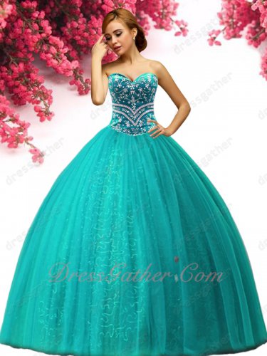 Leisure Girl's 15 Turquoise Quinceanera Gown Embroidery Bodice Sparkling Sequin Lining