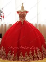Off Shoulder Red Quinceanera Ball Gown Gold Pineapple Pattern Applique Bodice and Hem