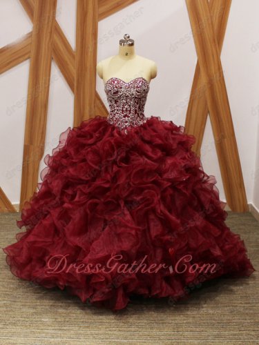 Silver Beading V-Shape Basque Burgundy Organza Dense Ruffles Quince Military Ball Gowns