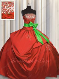 Low Price Puffy Taffeta Quinceanera Sweet 16 Ball Gown Red With Spring Green Bowknot