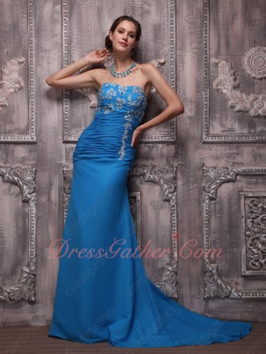 Strapless Azure Blue Chiffon Prom Night Code Evening Dresses With Brush Train