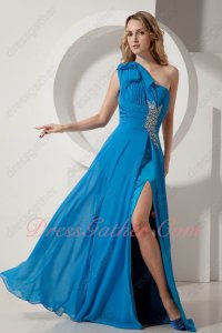 One Shoulder High Slit Lengthen Legs Azure Blue Beaded Formal Dress Up