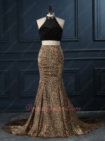 High Collar Exposed Waist Two-Pieces Black Beading Leopard Pattern Mermaid Gown