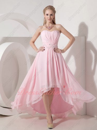 Baby Pink Chiffon High Low Lovely Girls Wear Cocktail Formal Dress Pearl Decorate Sash