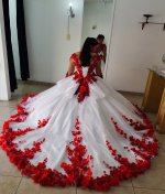 Sheer Nude Scoop Long Sleeves Exaggerated Skirt White and Red Quinceanera Dress 3D Details