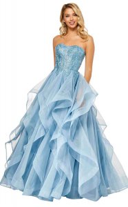 Floor Length Strapless Lace Appliqued Mermaid Dress with Ruffled Horsehair Organza Skirt