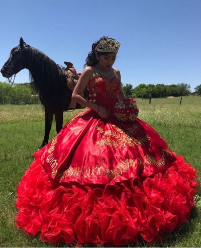 Charro Style Strapless Gold Embroidery Quinceanera Ball Gown Red Sweet 15 Dress