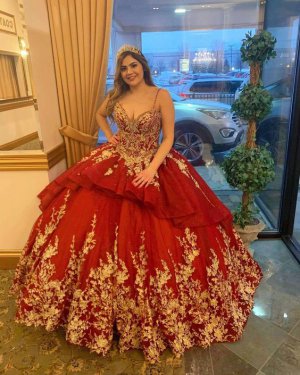 Captivate Embroidered Sleeveless V-neck Princesa Quinceanera Dress Wine Red and Gold