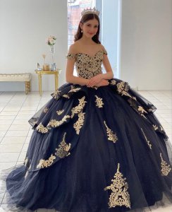 Off Shoulder Applique Adorned Layers Peplum Navy Blue Glitter Quinceanera Dresses