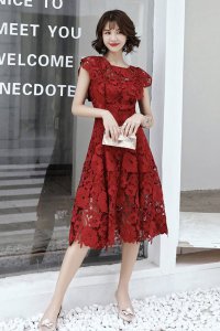 Round Neckline Cap Sleeves Tea Length Mother Of Bride Dress Red Lace