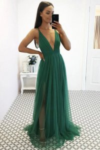 Deep V Neck Ruched Bodice Hunter Green Evening Gown Night Pub Dress With Slit