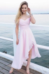 Off Shoulder Irregular High Low Hemline Pink Bridesmaid Dress Bestie Group