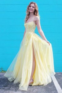 Spaghetti Straps Low-Cut Neckline Daffodil Slit Skirt Prom Dress Horsehair Hemline