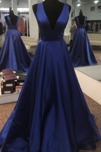 Beautiful V Neck Royal Blue Satin Formal Evening Gowns With Court Train
