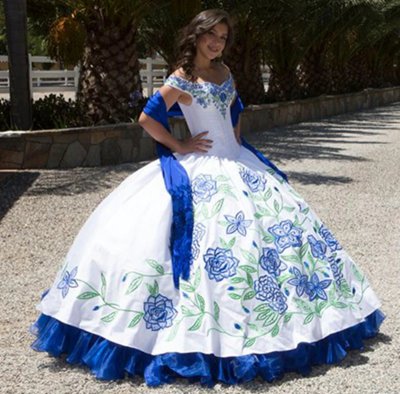 Off Shoulder White and Royal Blue Charro Equestrian Embroidery Quinceanera Dress