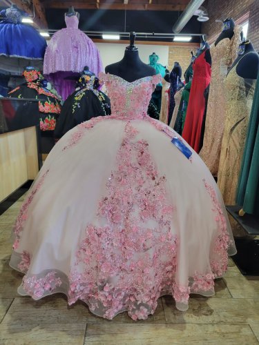 Amazing Off Shoulder Baby Pink Triangle 3D Flowers Sweep Train Quinceanera Dress XV