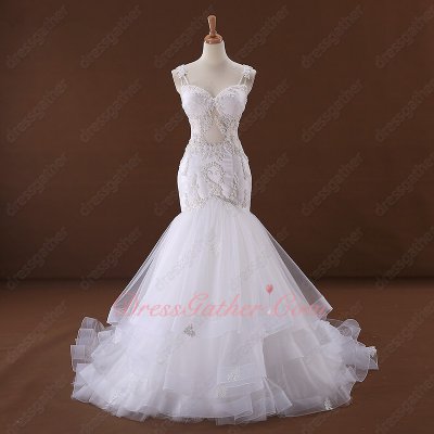 Dual Spaghetti Straps See Through Waist Horsehair Edging Tilted Mermaid Wedding Dress